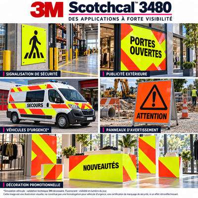 Rouleaux de vinyle adhésif fluorescent 3M Scotchcal 3480 jaune et rouge pour signalisation temporaire