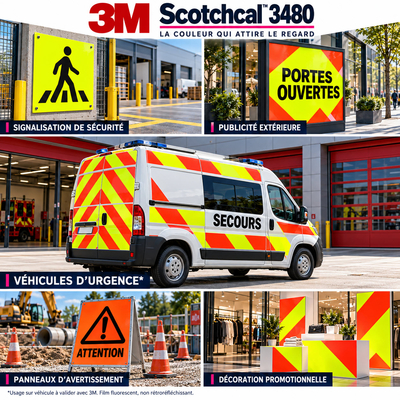Applications du film fluorescent 3M Scotchcal 3480 : chevrons de sécurité pour véhicules de secours, signalétique d'usine et panneaux