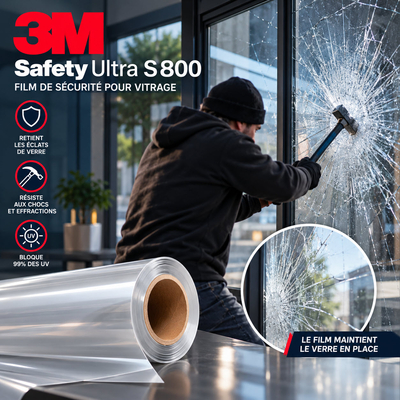 Film de sécurité 3M Scotchshield Ultra S800 en rouleau, conçu pour maintenir les éclats de verre en place en cas de bris.