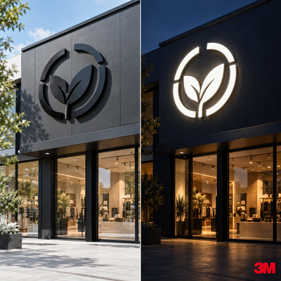 Comparatif jour et nuit d'un logo de façade étincelant avec le film effet jour/nuit 3M Scotchcal 3635