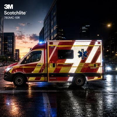 3M Scotchlite 780mC-10R - Film vinyle coulé rétrofléchissant 165 µm, microsphères de verre, Controltac+Comply, Solvant/UV/Latex. 9 ans extérieur. Covering et signalétique.