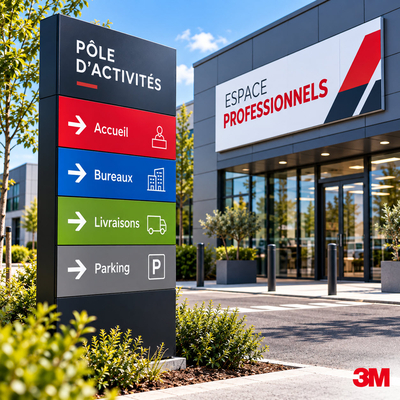 Totem signalétique d'orientation multicolore et enseigne extérieure réalisés en film vinyle 3M Scotchcal 50