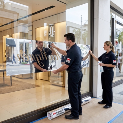 Équipe de poseurs appliquant au mouillé le film effet miroir argenté 3M Scotchcal 8855 Mirror sur une grande baie vitrée de magasin