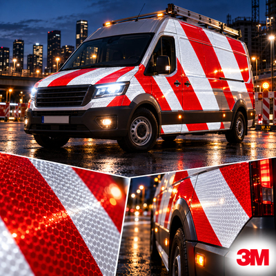 Fourgon d'intervention habillé de bandes de balisage de sécurité zébrées rouge et blanc 3M Scotchlite 7600 nocturne
