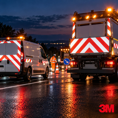 Camion de chantier de nuit équipé d'un balisage rouge et blanc rétroréfléchissant 3M Scotchlite 823i