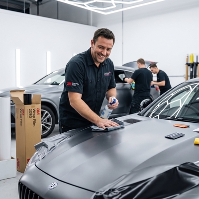 Poseur préparant et nettoyant la carrosserie d'un capot avant la pose d'un film 3M Wrap Film 2080