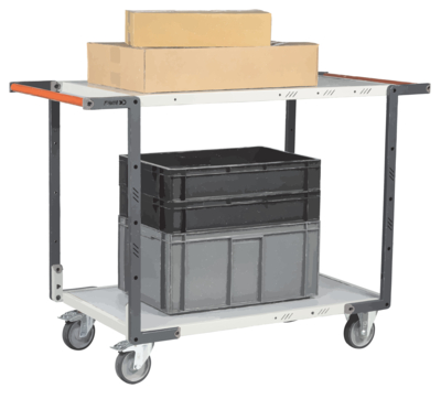 Servante FIMM flat-pack 2 plateaux mélaminé double poignées 850 x 500 mm roues TPE 250 kg