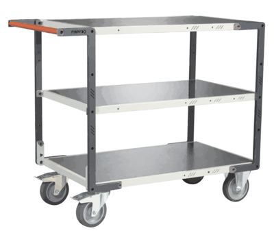 Servante FIMM flat-pack 3 plateaux tôle, 850 x 500 mm, roues TPE, 400 kg