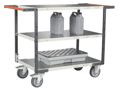 Servante FIMM flat-pack 3 plateaux tôle double poignées 850 x 500 mm roues TPE 400 kg