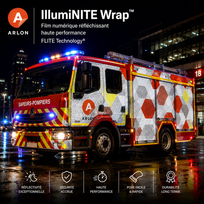 Arlon IllumiNITE Wrap - Film vinyle réfléchissant 125 µm, FLITE Technology, ISO 7591/ASTM-D 4956, Solvant/UV/Latex. 7 ans extérieur. Covering véhicule et marquage. Antalis