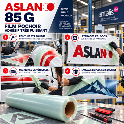 Grille d'applications du pochoir adhésif Aslan 85 G : pose sur baguettes et moulures de véhicule, marquage de bâche et laquage multicouche au pistolet