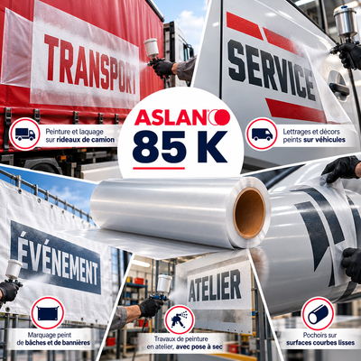 Cas d'usage du film pochoir Aslan 85 K : peinture au pistolet sur bâches de camion, citernes courbes et carrosseries utilitaires