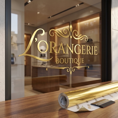 Décoration et lettrage de vitrine boutique réalisés avec le film métallisé adhésif Aslan CA 23 or