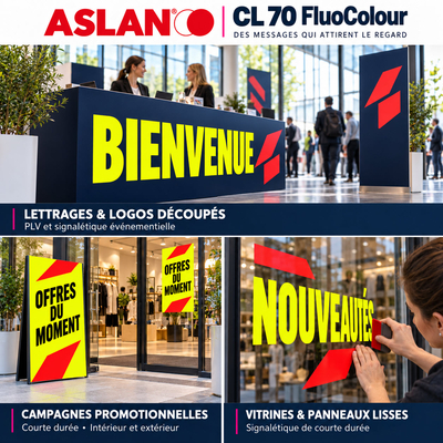 Applications du film fluorescent Aslan CL 70 : PLV événementielle, chevalet de trottoir promotionnel et lettrage vitrine amovible