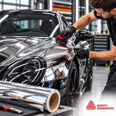 Pose de précision du film coulé thermoformable Avery Dennison Conform Chrome sur un rétroviseur extérieur