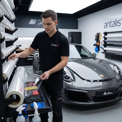 Poseur sélectionnant un rouleau de film de protection carrosserie Avery Dennison SPF sur rack de stockage