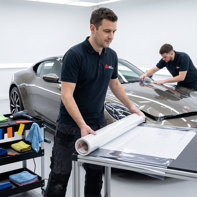 Pose de film de protection incolore contre les rayures et impacts de gravillons sur carrosserie