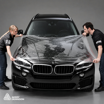 Positionnement du film polyuréthane transparent Avery Supreme Protection Film sur bloc avant