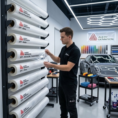 Poseur sélectionnant un rouleau de film de protection carrosserie Avery Dennison SPF sur rack de stockage