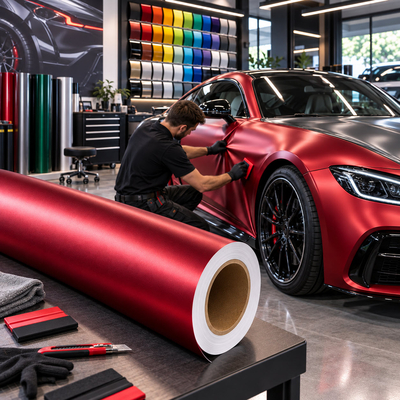 Poseur appliquant un film de covering rouge satiné Avery Supreme Wrapping Film sur une voiture de sport