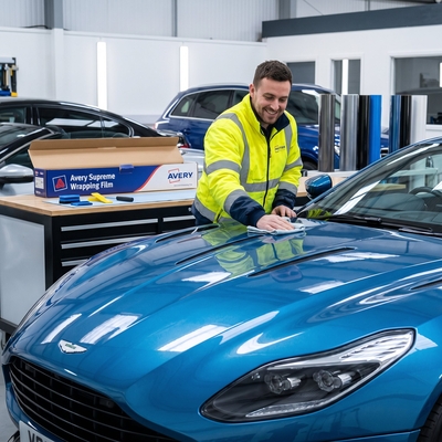 Finition et essuyage d'un capot recouvert de film bleu métallisé Avery Supreme Wrapping Film