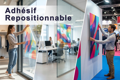 Adhésif Repositionnable Polyester – Film indéchirable ultra-transparent, repositionnable sans résidu pour signalétique temporaire.