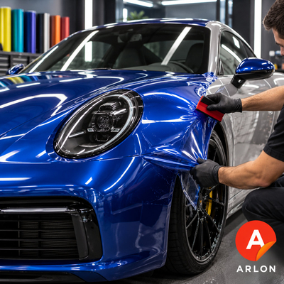 Application d'un film de protection couleur Arlon Colour Protection Film bleu brillant sur l'aile d'une voiture de sport