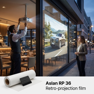 Vidéo de présentation d'une voiture de luxe rétroprojetée sur la vitrine d'un showroom grâce au film ASLAN RP 36