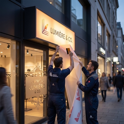 Enseigne lumineuse de façade de magasin avec diffusion de lumière uniforme réalisée en film translucide Avery Dennison 4500 TF