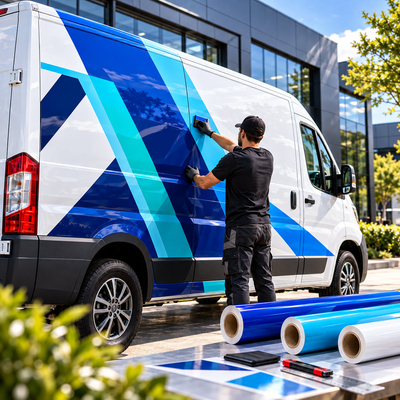Technique de marouflage d'un film adhésif polymère Avery Dennison 700 bleu sur la carrosserie d'un fourgon utilitaire