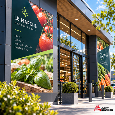 Grandes enseignes et habillage graphique de façade de magasin réalisées en film adhésif Avery Dennison