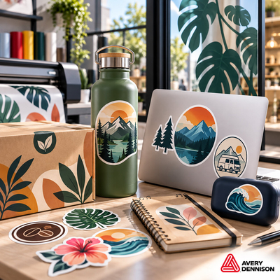 Autocollants et stickers décoratifs en film vinyle découpe Avery Dennison posés sur gourde, ordinateur portable et carnet