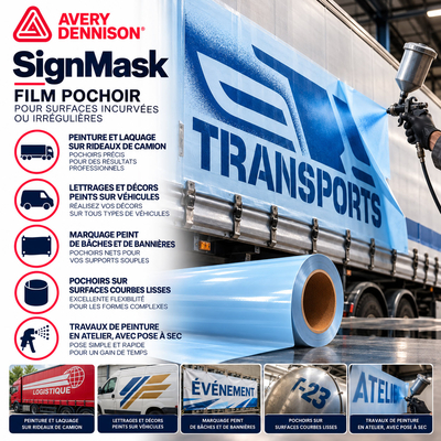 Infographie du film pochoir Avery SignMask pour surfaces incurvées et irrégulières : peinture au pistolet sur bâches de semi-remorques et carrosseries
