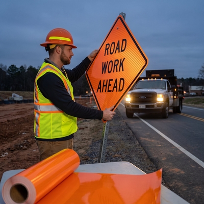 Agent de voirie installant un panneau de chantier orange rétroréfléchissant Avery T6500 pour signalisation temporaire