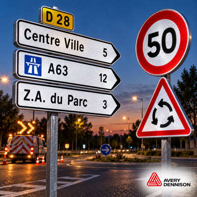 Panneaux de signalisation routière et de direction illuminés la nuit réalisés avec le film réfléchissant Avery Dennison V-2000