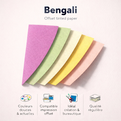 Bengali – Papier offset couleur 100% recyclé, teinté masse, large palette et excellente imprimabilité pour supports responsables.