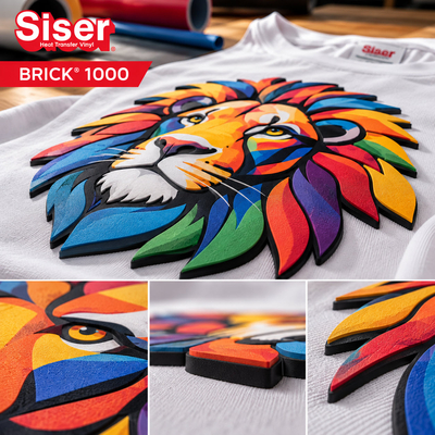 Gros plan sur le relief 3D de 1000 microns d'un motif lion multicolore réalisé en flex très épais Siser Brick 1000 sur t-shirt blanc";13.1;295594;LO;LOSO_MI2_BRICK_1000_002.jpg;French;Gros plan sur le relief 3D de 1000 microns d'un motif lion multicolore réalisé en flex très épais Siser Brick 1000 sur t-shirt blanc"