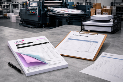 Papier autocopiant multifeuillets blanc, rose et bleu pour impression offset — bons de commande et bons de livraison imprimés sur presse offset industrielle