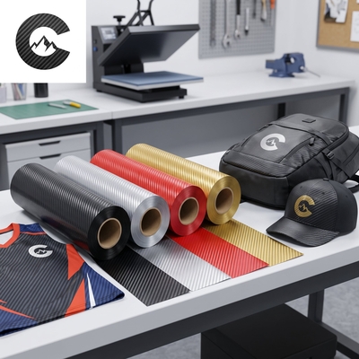 Film de marquage textile Chemica Carbon pour transfert thermique - Rouleaux de films colorés et t-shirt personnalisé logo montagne dans un atelier de personnalisation
