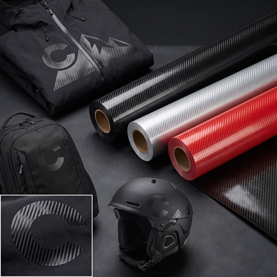 Film de marquage textile Chemica Carbon effet carbone - Veste, sac à dos et casque personnalisés avec rouleaux de films gris, argenté et rouge