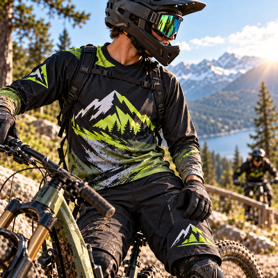 Film de marquage textile Chemica FirstMark pour vêtements de sport - Tenue de VTT personnalisée motif montagnes et arbres pour le cyclisme en montagne