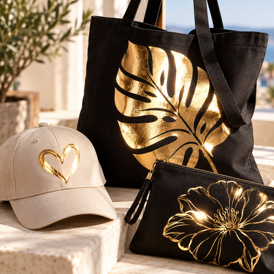 Film de marquage textile métallisé Chemica Hotmark Metallic pour accessoires - Tote bag, casquette et pochette personnalisés avec motifs dorés effet feuille