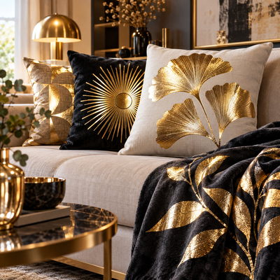 Film de transfert textile doré Chemica Hotmark Metallic pour décoration - Coussins motif soleil et feuilles de ginkgo métallisées dorées dans un intérieur élégant