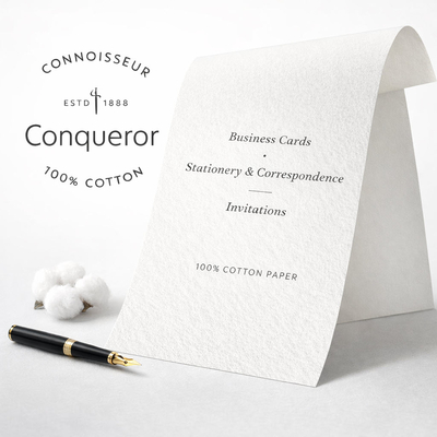 Conqueror Connoisseur Wove 100% Cotton est un papier de création premium composé de 100 % fibres coton, reconnu pour son toucher exceptionnellement doux et sa surface vélin raffinée.