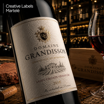 Étiquette vin rouge Saint-Émilion Grand Cru imprimée sur papier martelé crème Creative Labels Martelé – texture vergé haut de gamme, blason gravé doré, mise en bouteille au domaine, Antalis
