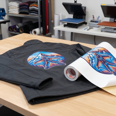 Veste technique noire avec motif montagne et ailes déployées, échantillon textile et rouleau de flex Siser Colorprint PU Extra SP