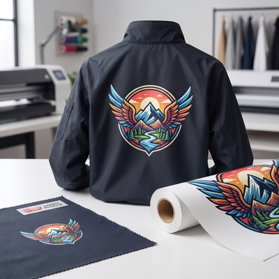 Veste technique noire avec motif montagne et ailes déployées, échantillon textile et rouleau de flex Siser Colorprint PU Extra SP