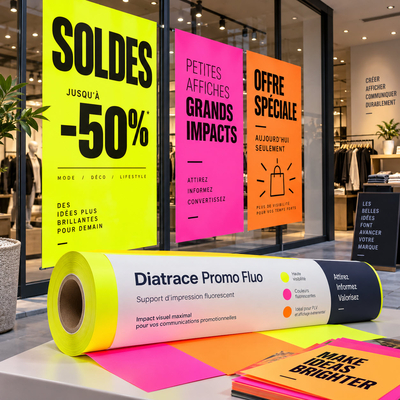 Affichage vitrine sur Diatrace Promo Fluo pour promotion magasin