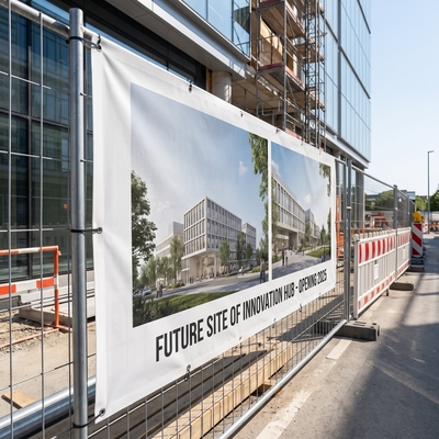 Bannière chantier Diatrace Texbanners pour communication événementielle - Future Site of Innovation Hub 2025 - Solution impression durable pour signalétique temporaire