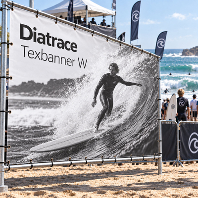 Bannière Diatrace Texbanner W avec scène de volleyball sur plage - Solution durable pour signalétique d'événements sportifs